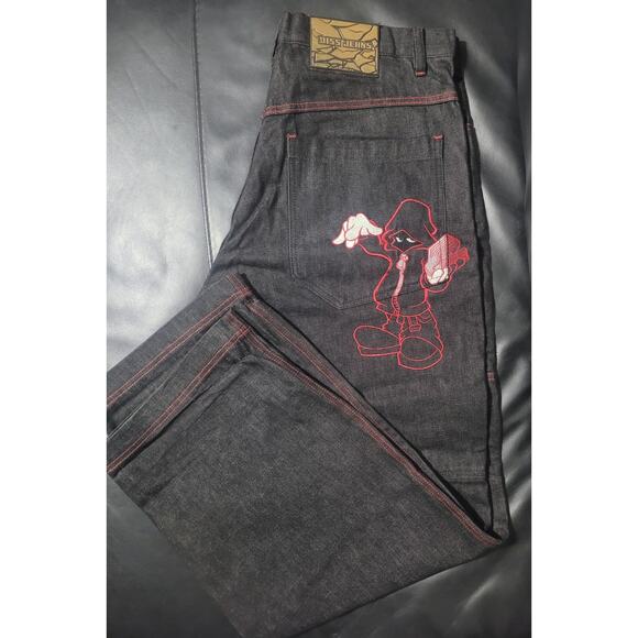 VTG Y2K Diss Jeans Skater Wide Leg Baggy Streetwear Hip Hop Embroidered 38x32